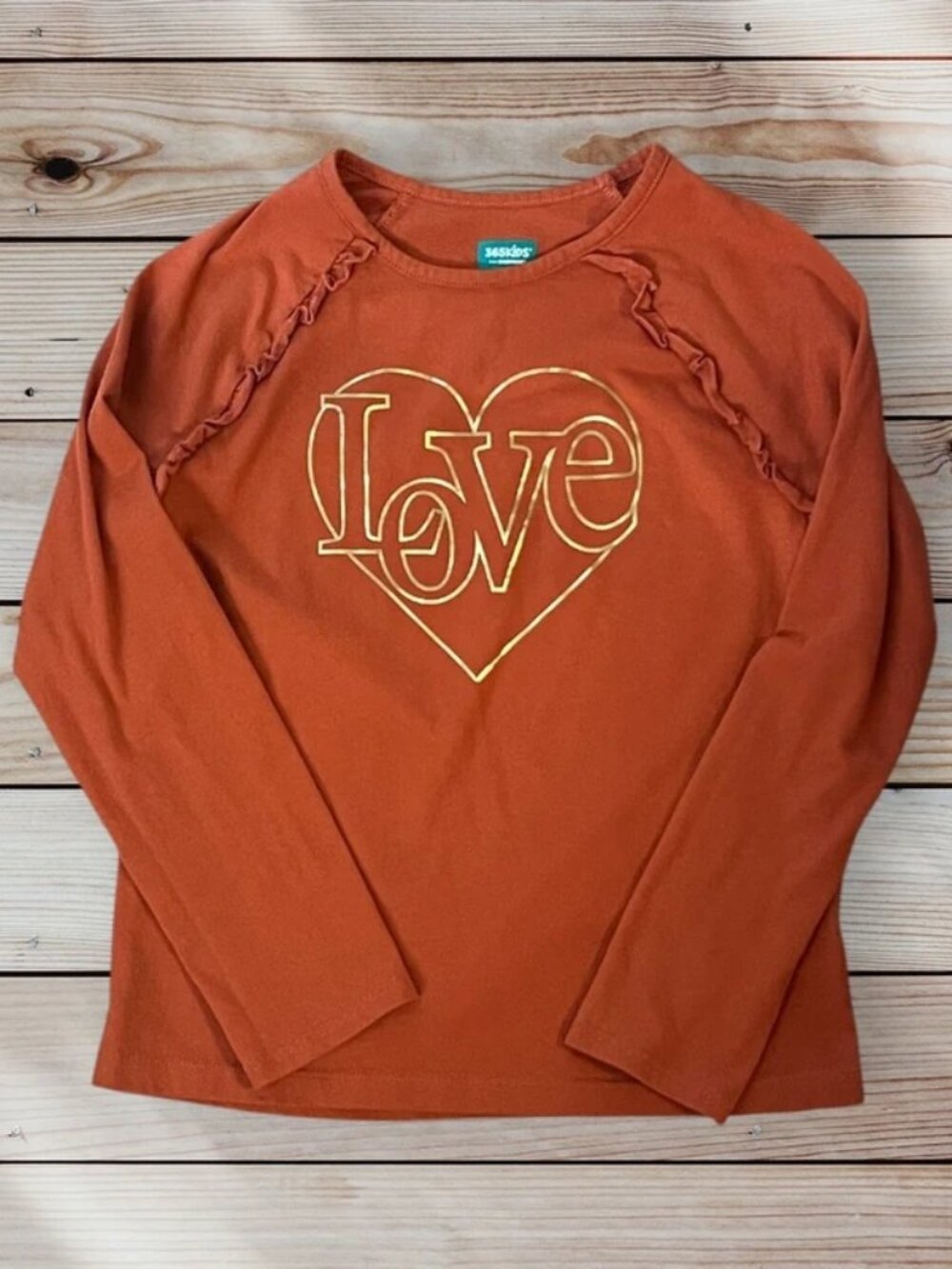 365 kids Dark Burnt Rust Orange LOVE Graphic top long sleeve girls size 8
